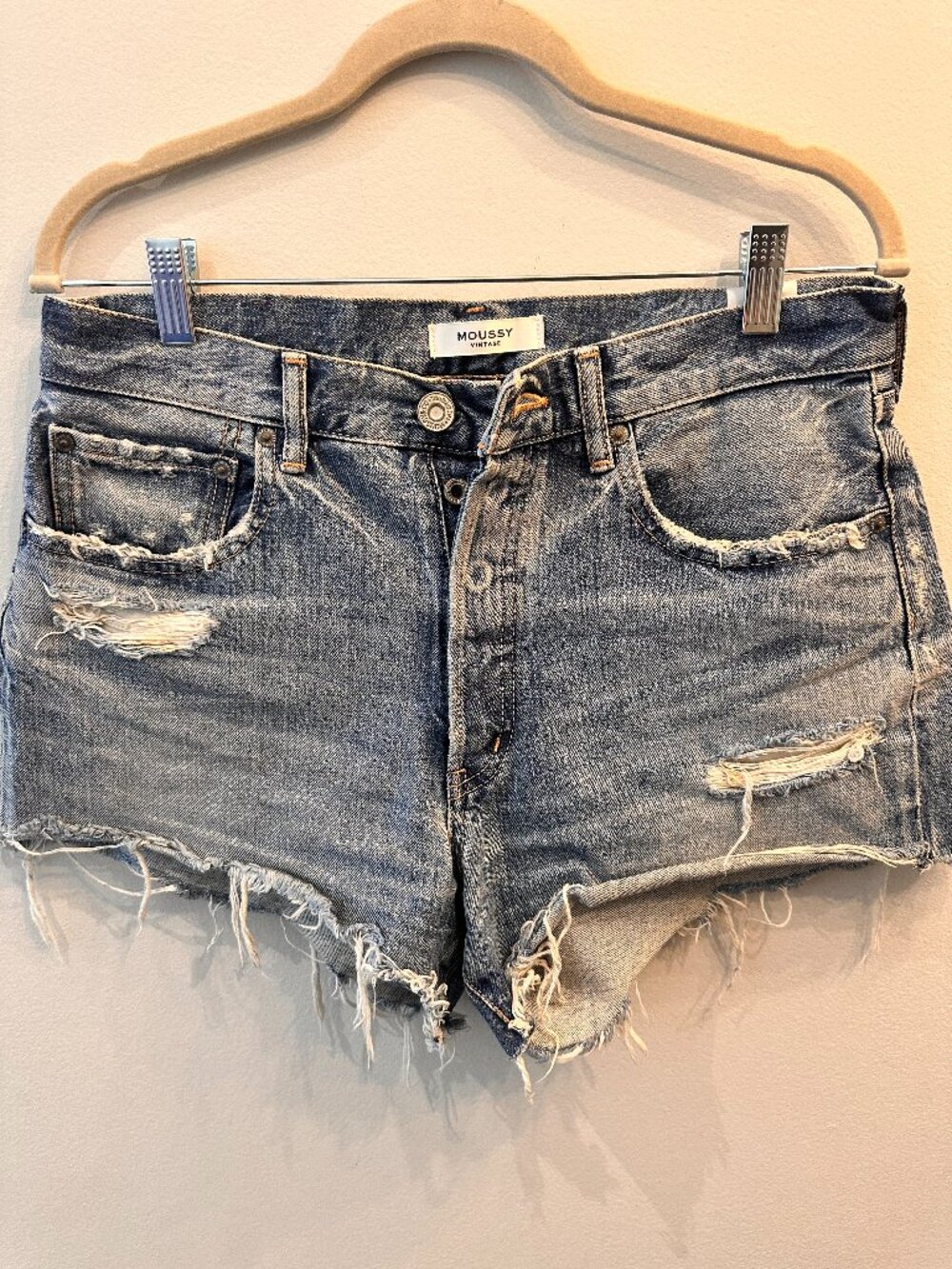 MOUSSY VINTAGE Distressed Cutoff Denim Shorts Blue - Japanese Denim - 27